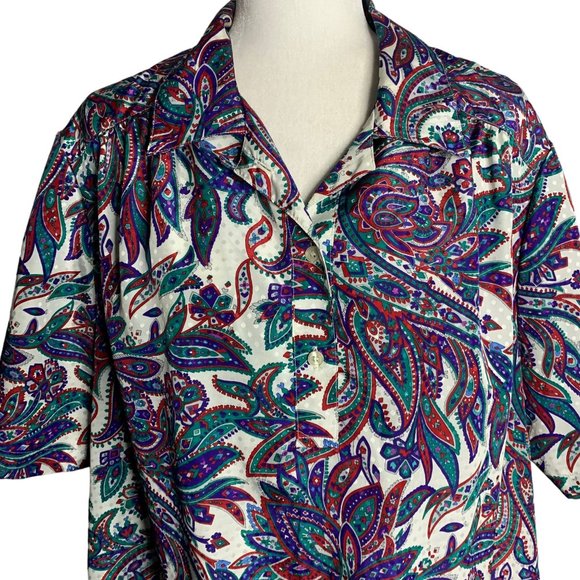 Vintage Paisley Pullover Top XL White Buttons Collar Elastic Waist Short Sleeves - Picture 2 of 7